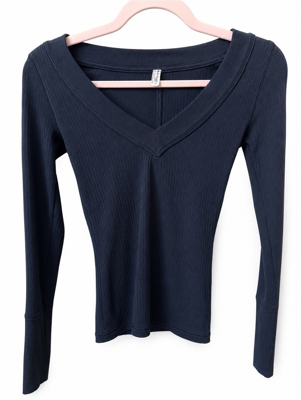 Free People Black Ribbed V-Neck Long Sleeve Top